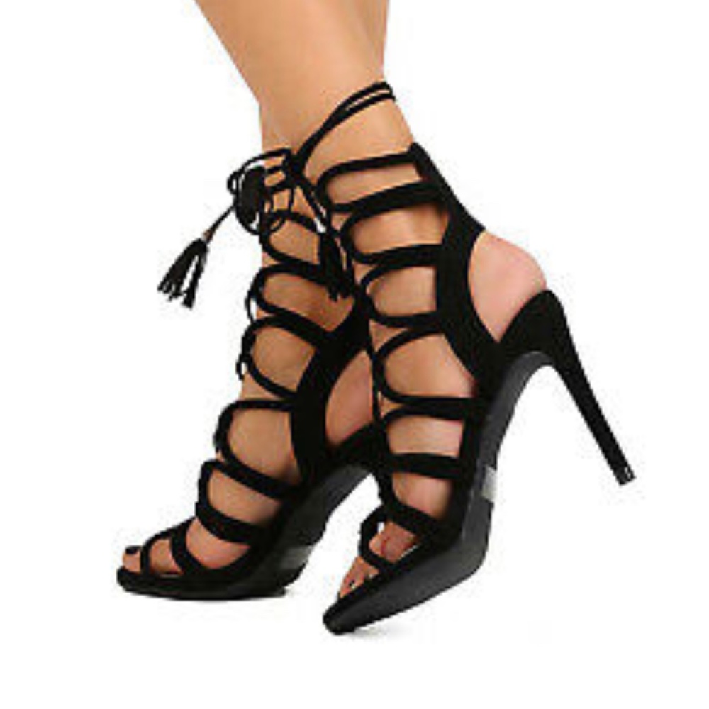 Suede Open Toe Loop Gladiator Wrap Stiletto Sandal - image 2
